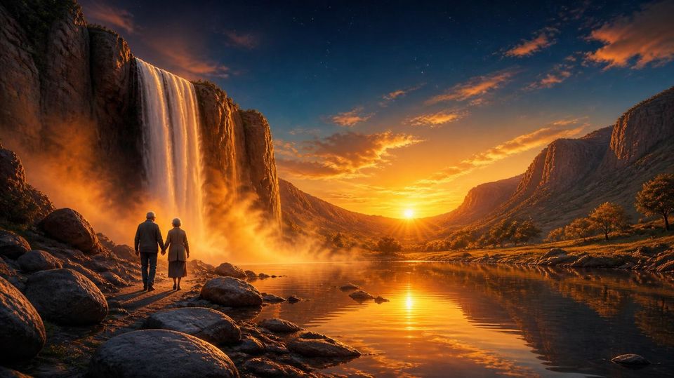 An older couple walking hand in hand beside the calm pool at the foot of a waterfall, smooth water-worn boulders and a wide valley glowing in the sunset
